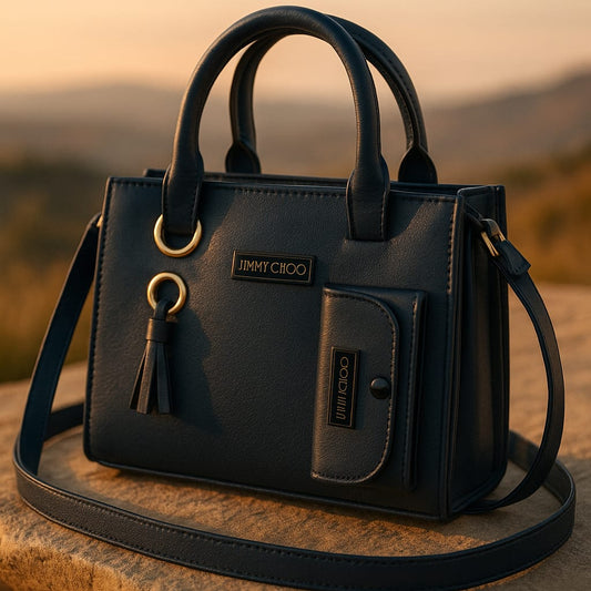 Black handbag with gold accents on a stone surface during sunset